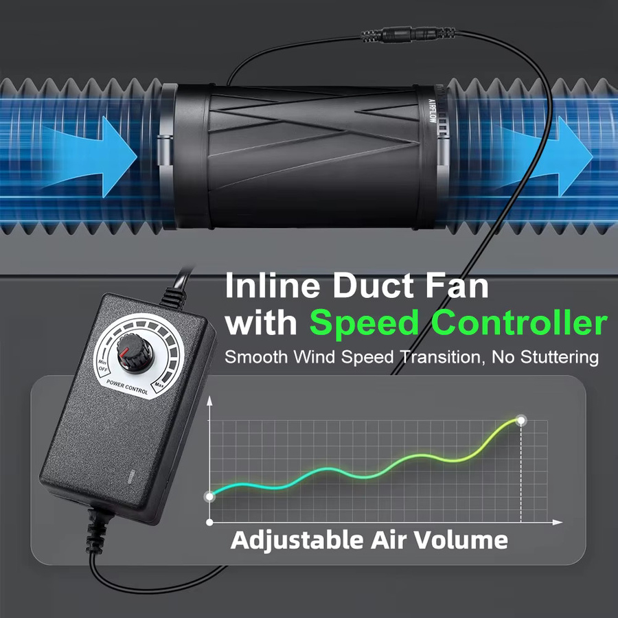 GRAXGROW Inline-Rohrventilator mit einstellbarer Geschwindigkeit, bürstenloser DC-Motor, Schwarz - Bild 3