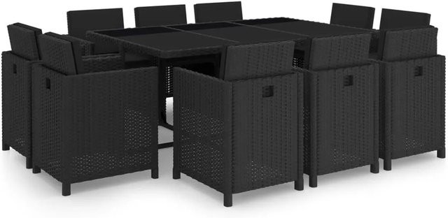vidaXL 11-tlg Garten-Essgruppe aus Poly Rattan mit Glasplatte und Auflagen in Schwarz Modell 10 - Bild 1