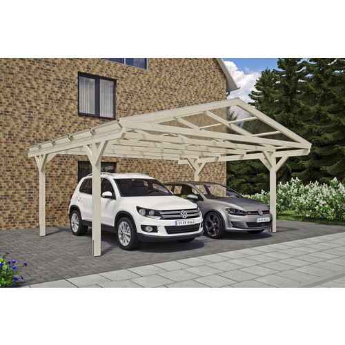 Skan Holz Carport Westerwald Satteldach aus Fichte Leimholz in Beige mit Doppelstegplatten und geraden Kopfbändern B: 570 cm, T: 541 cm, H: 308 cm - Bild 5