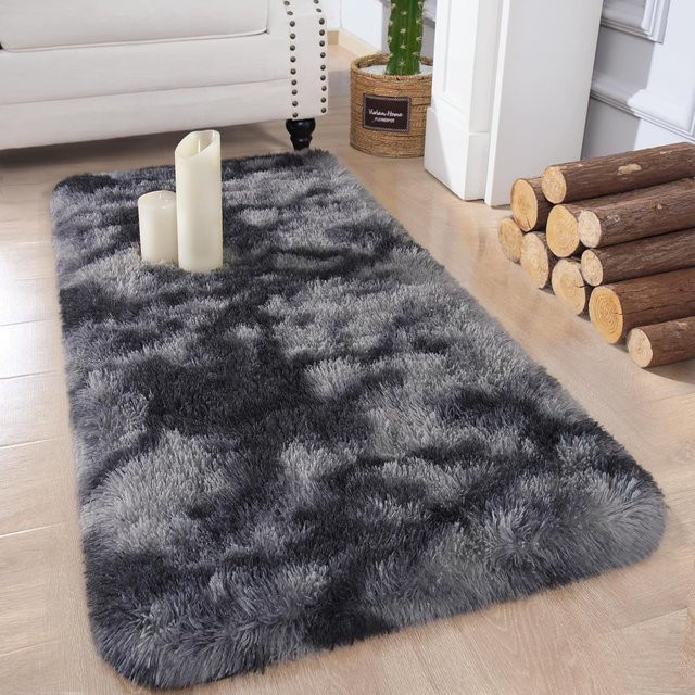 VIKAMA Moderner zotteliger Läufer-Teppich aus Kunstfell in Grau, B/T: 120 x 40 cm - Bild 1