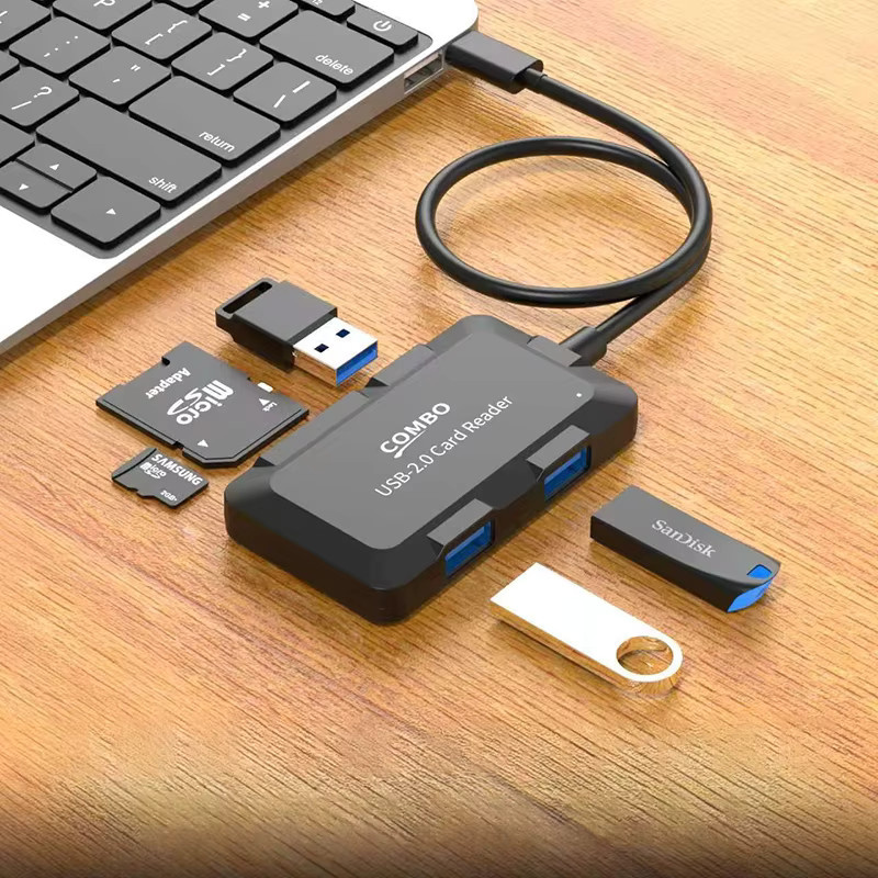 OULLX 5-Port USB 2.0 Hub mit Micro-SD TF Kartenleser und Datenübertragungskabel, USB Kombi Konverter Adapter in Schwarz - Bild 2