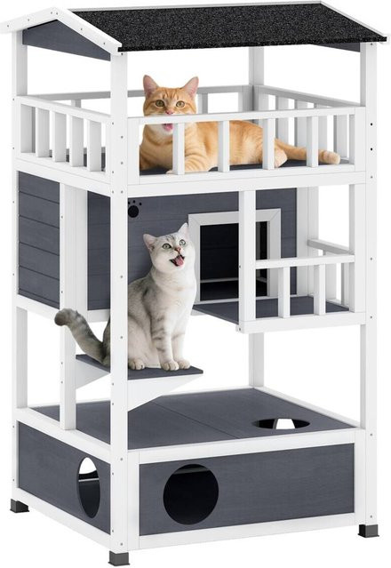 PawHut Katzenhaus aus Holz in Weiß und Grau, wetterfestes Katzenhaus für Garten, Terrasse oder Balkon mit abnehmbarem Dach und erhöhtem Boden, B/H/T: 75 x 137 x 75 cm - Bild 1