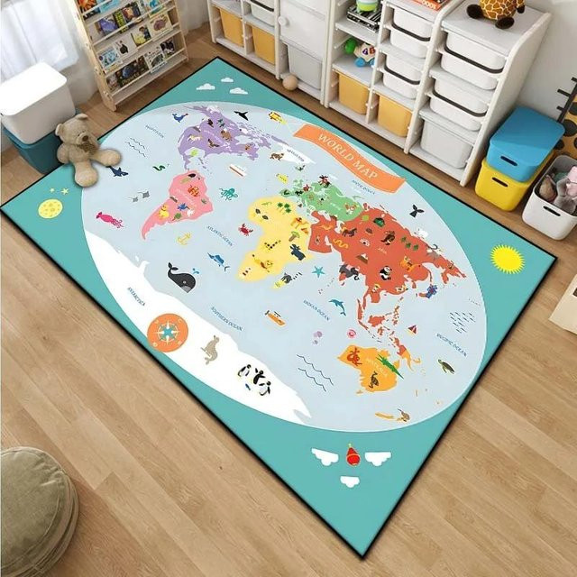 HGHT Kinder Weltkarte Cartoon Teppich, bunter Bereichsteppich aus Polyester für Kinderzimmer, Wohnzimmer oder Badezimmer, B/B: 60 x 90 cm - Bild 1