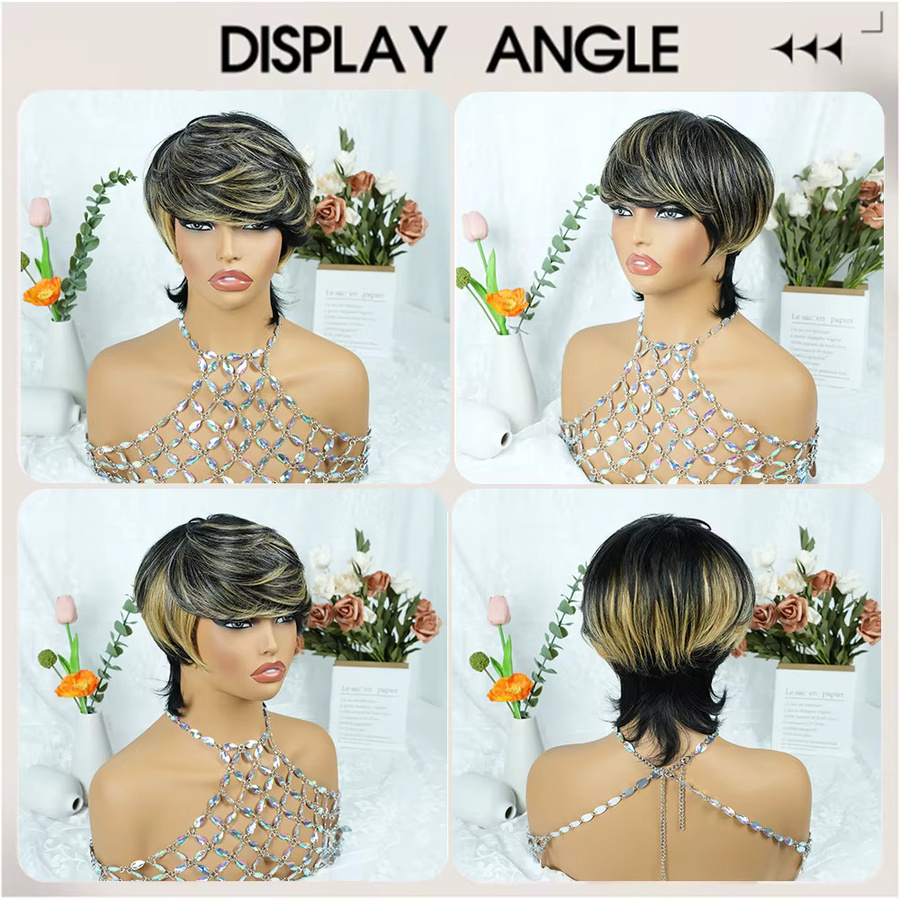 OYM HAIR Perücke, Pixie-Schnitt, schwarz mit blonden Highlights, Damen - Bild 5