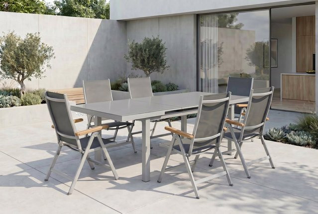 Kettler Granada Garten-Essgruppe aus Aluminium und Textilene in Silber mit ausziehbarem Tisch und 8 Klappstühlen - Bild 1