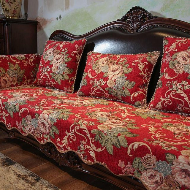 Bestickter Sofaüberwurf aus Chenille und Baumwolle mit unregelmäßigem Rand in Rot und Grün, B/B: 150 x 90 cm - Bild 1