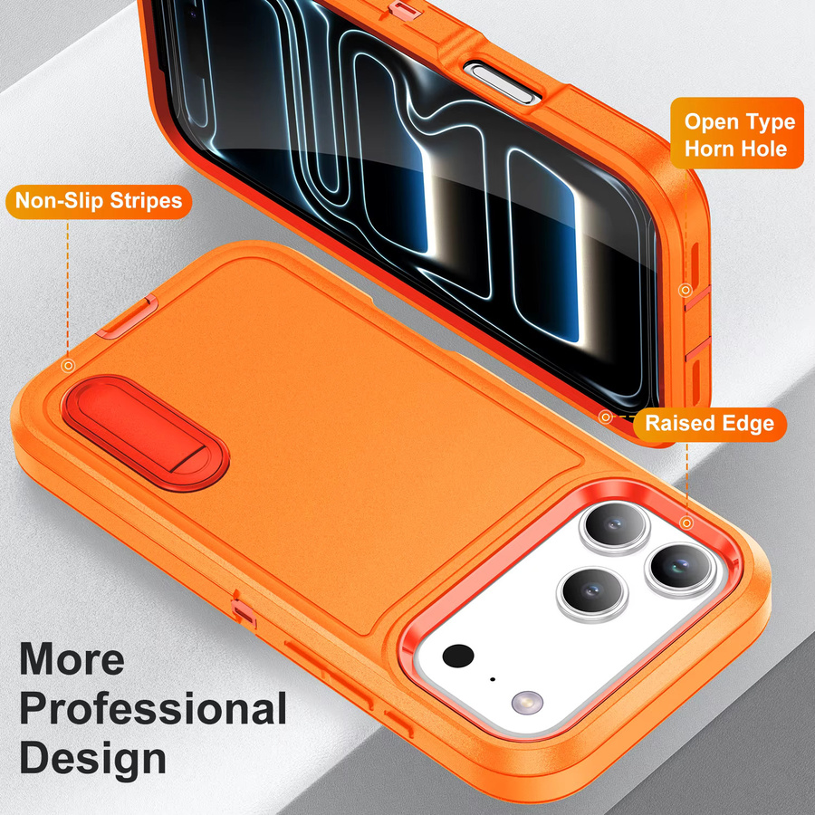 Stoßfeste Hybride PC-Hülle mit unsichtbarer Halterung für iPhone 17 Pro Max, 16, 15, 14, 13, 12, 11 Plus in Schwarz und Orange - Bild 3
