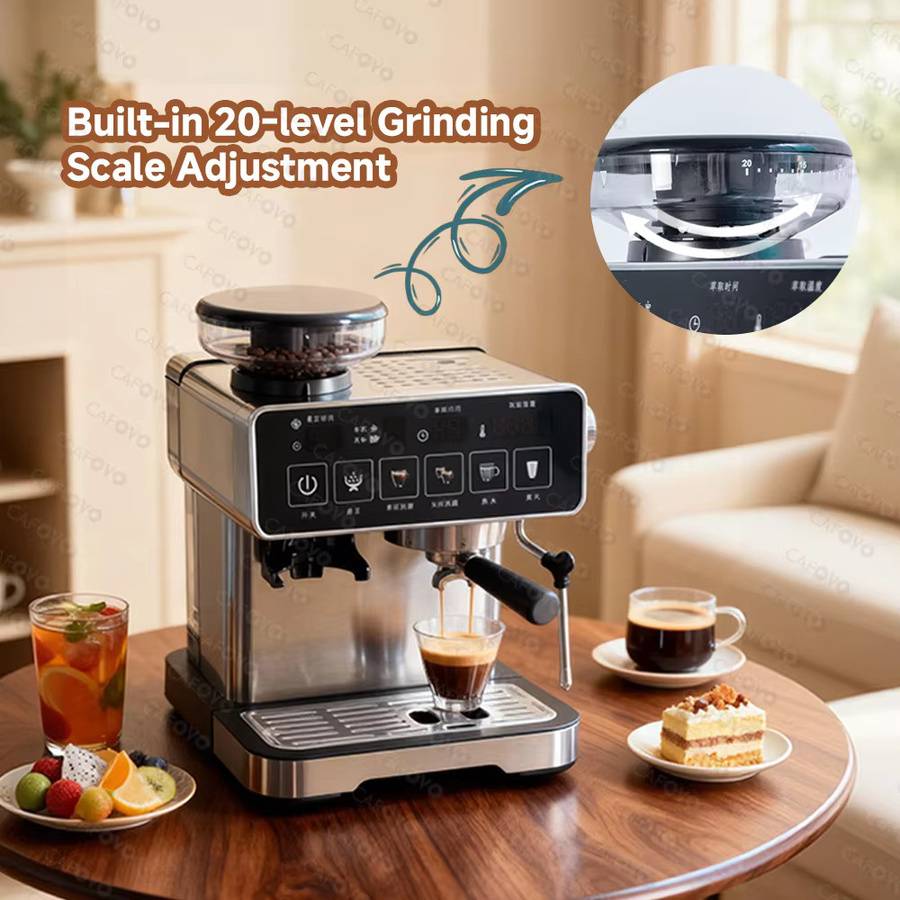 CAFOVO E136 3-in-1 Espressomaschine mit integrierter Mühle und Dampfstab, 20 Bar, PID-Temperaturregelung, Edelstahl, Silber - Bild 2