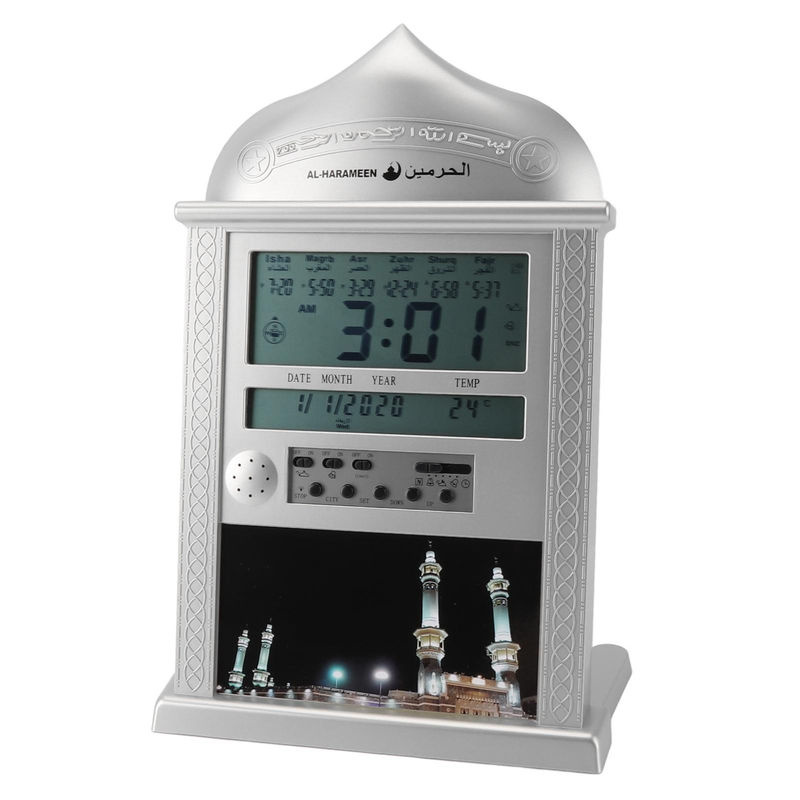 Digitale Azan Gebetsuhr von Tooarts mit Wecker und Datumsanzeige, multifunktionale muslimische Wanduhr in Silber - Bild 6