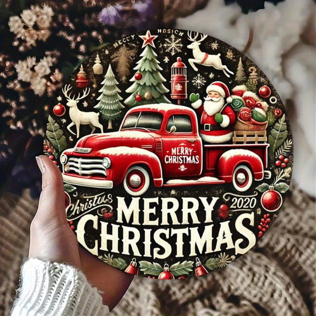 Potdemiel Rundes Metallschild Weihnachten mit Weihnachtsmann und Rentier im rustikalen LKW-Design, Farbe Rot, Durchmesser: 20,3 cm - Bild 1