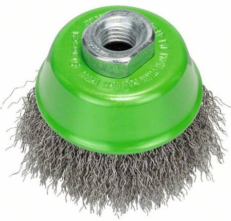 Bosch Topfbürste aus Edelstahl mit gewelltem Draht für Winkelschleifer, Farbe Silber, Durchmesser: 7,5 cm, Drahtstärke: 0,3 mm, Anschluss: M14 - Bild 1