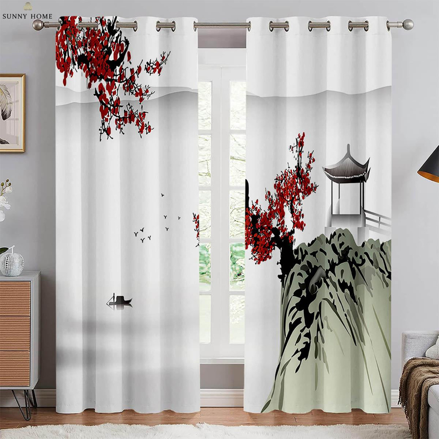 2-teiliges Set semi-transparente Vorhänge mit chinesischem Tintenlandschaftsdruck von Yiran Furniture, Breite: 50 cm, Höhe: 140 cm - Bild 1