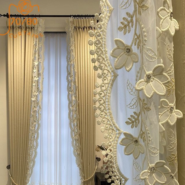 JESSANS Chenille Vorhang in Creme Beige mit floraler Relief-Stickerei im französischen Stil, Breite: 120 cm, Höhe: 250 cm - Bild 1