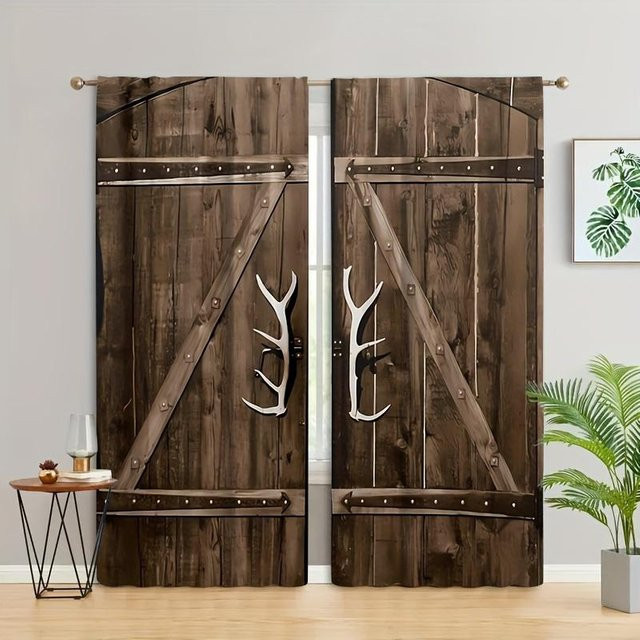 2er-Set Shabby Retro Holztür Vorhänge mit 3D-Digitaldruck, braun, Breite: 60 cm, Höhe: 150 cm - Bild 1