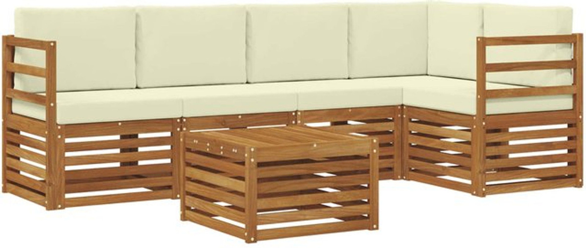 vidaXL Ecksofa Set aus Massivholz Akazie in Natur und Beige mit 6 Kissen, modern und wendbar - Bild 1