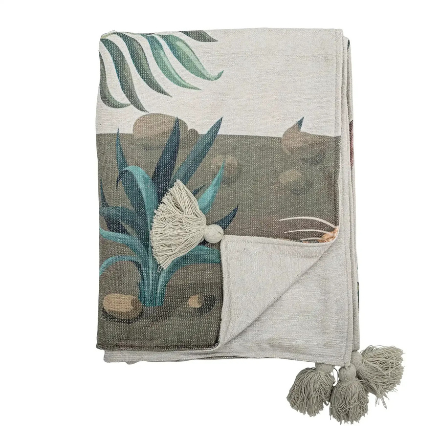 Bloomingville Decke Peacock in Grün und Multicolour mit floralem Muster, B/B: 130 x 160 cm - Bild 1