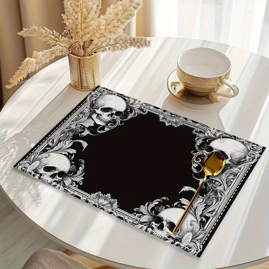 VIKAMA Tischset Gothic-Stil mit Totenkopf-Motiv, Schwarz, wasserdicht und rutschfest, Retro-Design für Halloween - Bild 3
