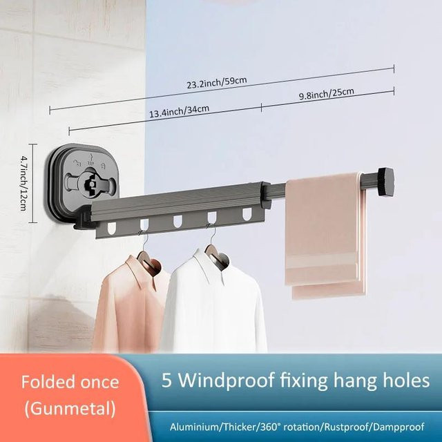 Platzsparender Yiran Furniture Wäscheständer zur Wandmontage aus Aluminium, grau, ohne Bohren einziehbar und zusammenklappbar - Bild 1