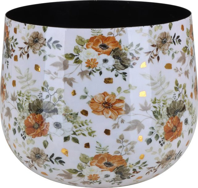 Übertopf Flora von A.H.G. mit Blumenmuster in Weiß-Gold, rund und bauchig, Durchmesser: 15 cm, Höhe: 11 cm - Bild 1