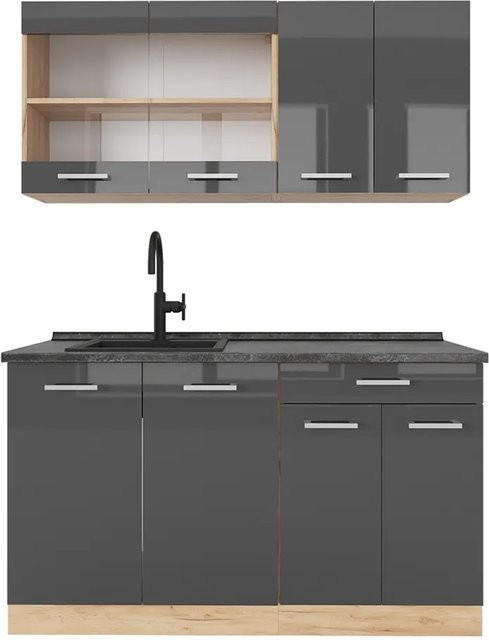 Vicco R-Line Singleküche Anthrazit Hochglanz und Goldkraft Eiche, Breite: 140 cm - Bild 1