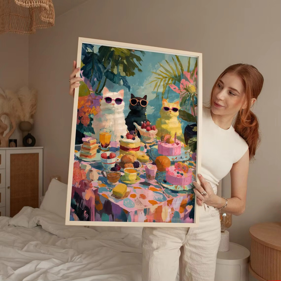 Lustiger Katzen-Wandkunstdruck von SHENCHEN mit drei Katzen in Sonnenbrillen am Frühstückstisch, farbenfrohes Tiergemälde als Paper Poster in Multicolour - Bild 3