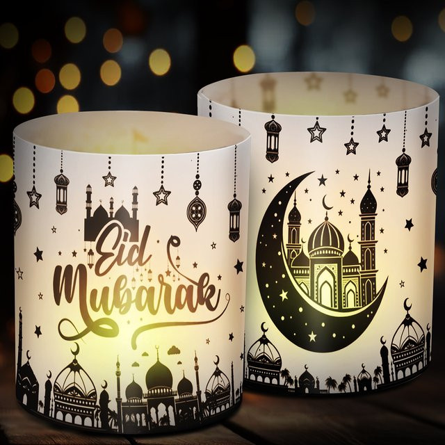 12 Stück Eid Mubarak dekorative Lampenschirme im orientalischen Stil, schwarz-weißes Design aus Papier, Zylinderform - Bild 1