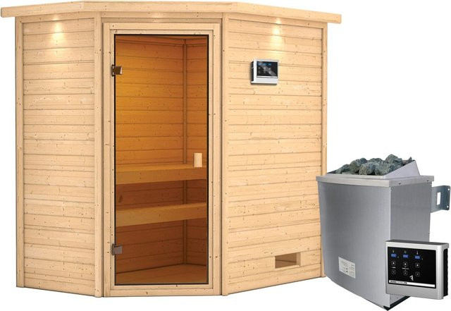 Karibu Massivholzsauna Jella in Braun mit 9 kW Ofen, externem Steuergerät und LED-Dachkranz, B/T/H: 223 x 191 x 159 cm - Bild 1
