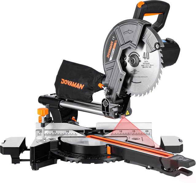 DOVAMAN Gehrungssäge mit 340 mm verschiebbarer Sägeblattführung, 2000 W, 3 TCT-Klingen, 45 Grad Abschrägung mit Laser für Holz, PVC und Metall - Bild 1