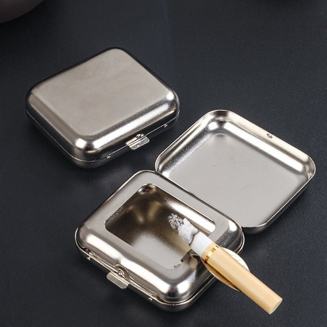 Cattabby Mini Tragbarer Aschenbecher aus Metall in Silber mit Klappdeckel für Outdoor und unterwegs - Bild 1