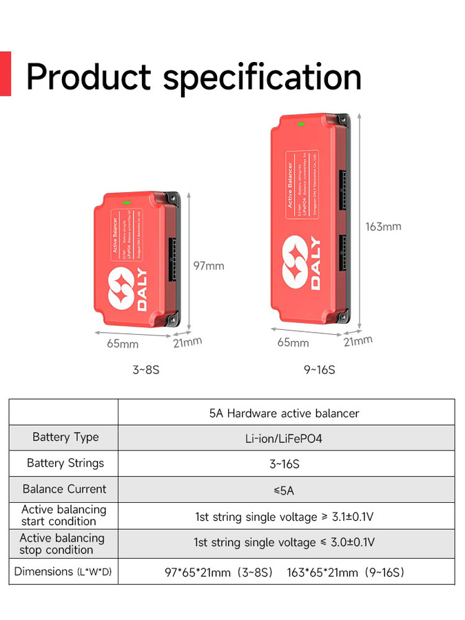 Daly 5A Aktiver Balancer Kondensator-Equalizer für 4S bis 16S LiFePO4 und Li-Ionen-Batteriegruppen in Rot - Bild 2