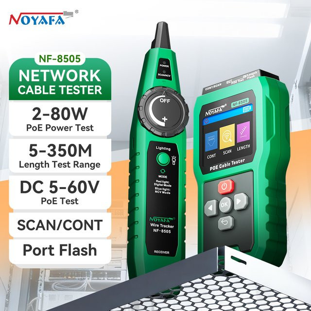 NOYAFA NF-8505 Netzwerkkabel-Tester RJ45 Kabel-Tracer mit Fehlerdistanz-Messung und PoE-Switch Spannungs- und Leistungstester in Grün - Bild 1