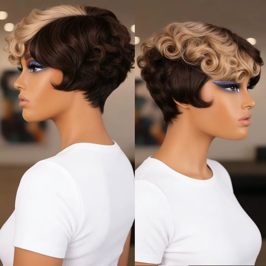 OYM HAIR Echthaar-Perücke, Pixie-Schnitt mit Pony, Gold Ombre, Damen - Bild 2