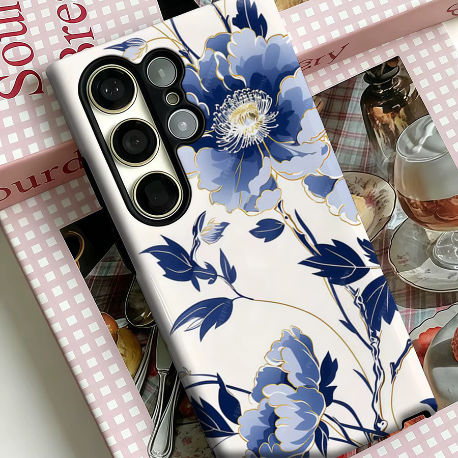 Stoßfeste Doppelschicht Handyhülle mit blau-goldenem Blumenmuster für Samsung Galaxy S25 Ultra, S24 und S23 Ultra Plus - Bild 4