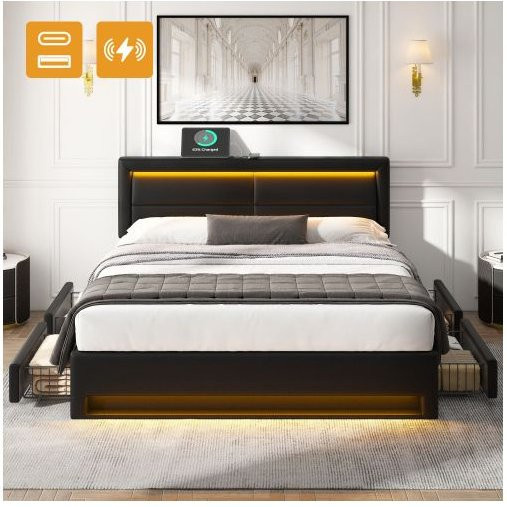 Gepolstertes Bett MUVOE in Schwarz mit LED-Beleuchtung, USB-Anschluss und 4 Schubladen, B/T/H: 140 x 200 cm - Bild 1