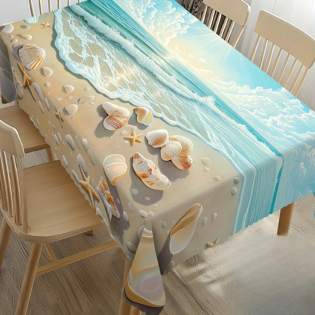 Rechteckige Tischdecke JINGYUE Pet in Blau mit nautischem Strandmotiv, Muscheln und Seesternen, B/T: 90 x 140 cm - Bild 1