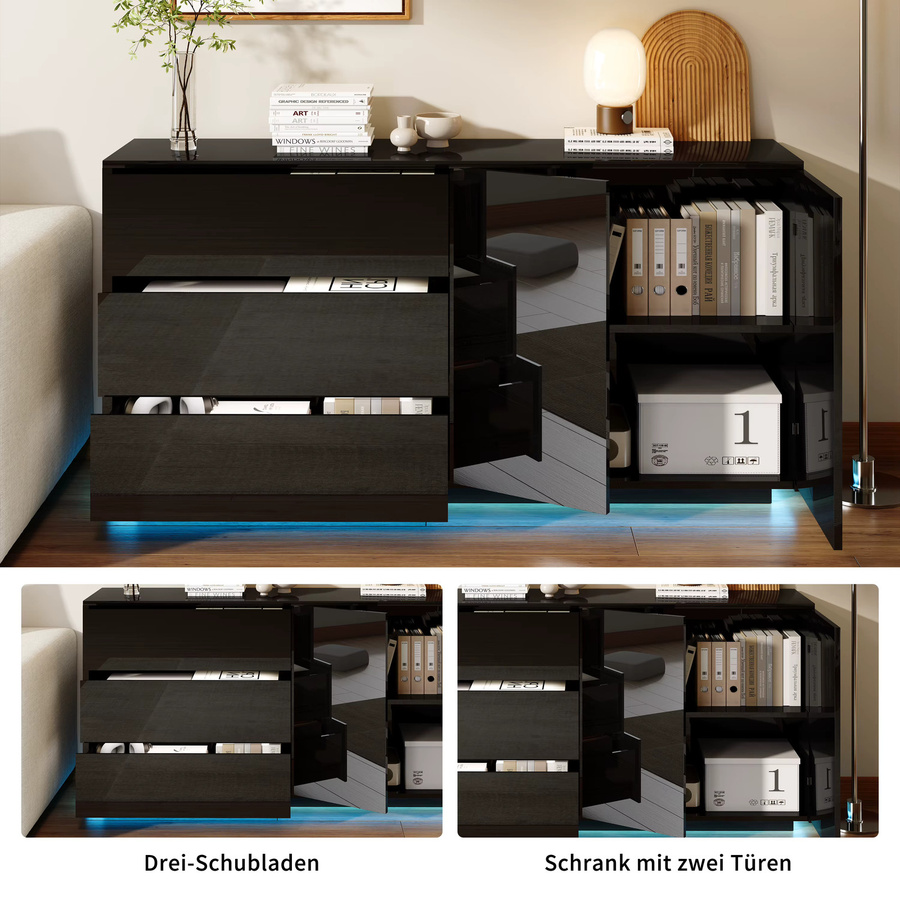 Simurq Moderner Aufbewahrungsschrank in Schwarz mit Hochglanz-Finish, Esszimmer-Sideboard mit 2 Türen und 3 Schubladen, B/H/T: 160 x 76 x 35 cm - Bild 3