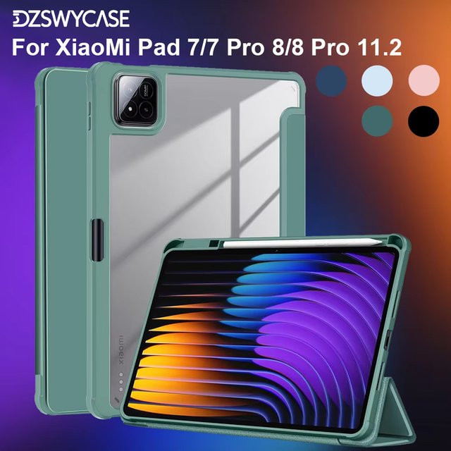 DZSWYCASE Schutzhülle für Xiaomi Pad 7/8 Pro und Pad 7/8 11,2 Zoll mit Stifthalter und transparenter Rückseite in Pink oder Green - Bild 1
