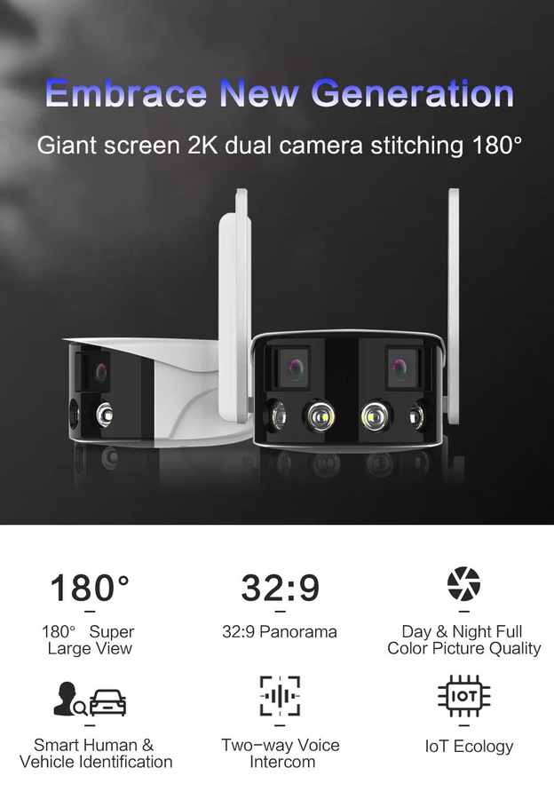 Uzoom 4K Dual-Objektiv WLAN-IP-Kamera mit 180° Ultraweitwinkel Panorama-Sicht, KI-Personenerkennung und Icsee App Unterstützung - Bild 2