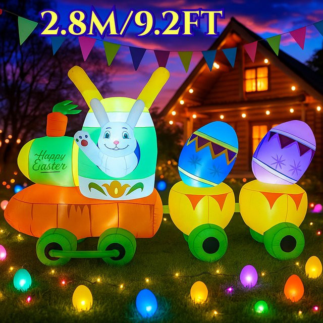 Aufblasbare Ostern-Dekoration Kaninchen-Karotten-Zug mit integrierten LED-Leuchten, mehrfarbig, Höhe: 2,8 m - Bild 1