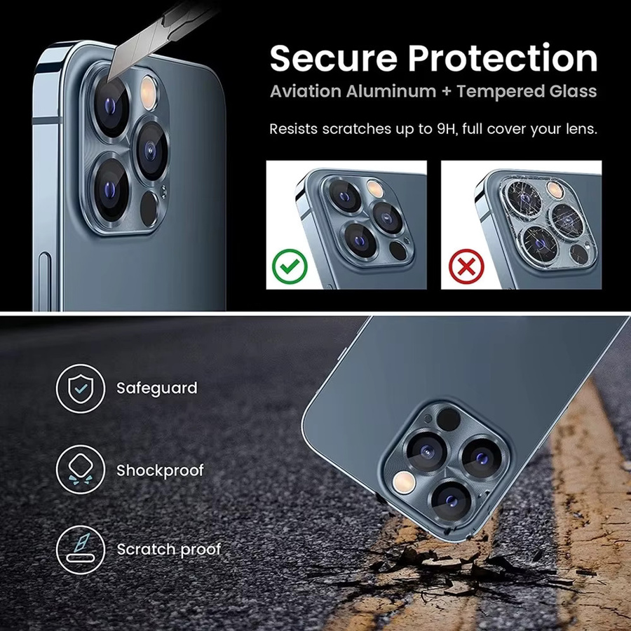 Metall-Kameraobjektivschutz aus gehärtetem Glas für Apple iPhone 16 Pro Max 15 Pro 14 Pro 13 Pro und iPhone Mini in Schwarz - Bild 3