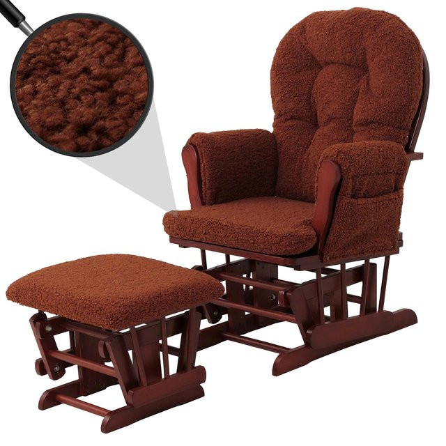 MCW Relaxsessel C76 Schaukelstuhl mit Hocker aus Stoff Bouclé in Rostbraun mit dunklem Massivholzgestell - Bild 1