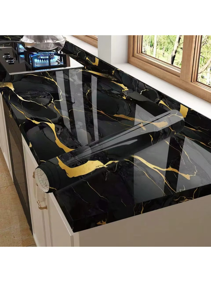 TTOKKONG WALLPAPER Selbstklebende Marmor Tapete in Schwarz mit metallischer und reflektierender Oberfläche, wasserdichte Wandgestaltung für moderne Dekorationen - Bild 6