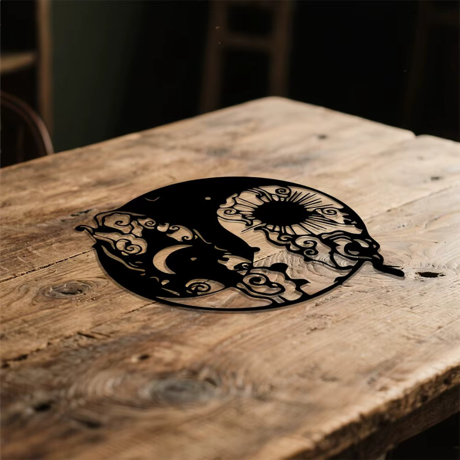 CIFBUY Yin Yang Sonne Mond Wandkunst aus Metall in Schwarz als abstrakte 2D Eisenskulptur zur Wandmontage - Bild 2