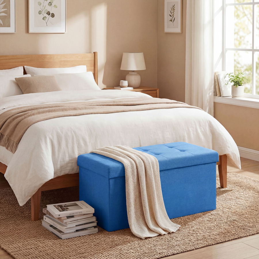 HOMCOM Aufbewahrungs-Pouf als klappbare Aufbewahrungsbank in Hellblau, rechteckige Aufbewahrungstruhe mit 84 L Volumen aus synthetischem Leinen, B/T/H: 76 x 38 x 38 cm - Bild 2