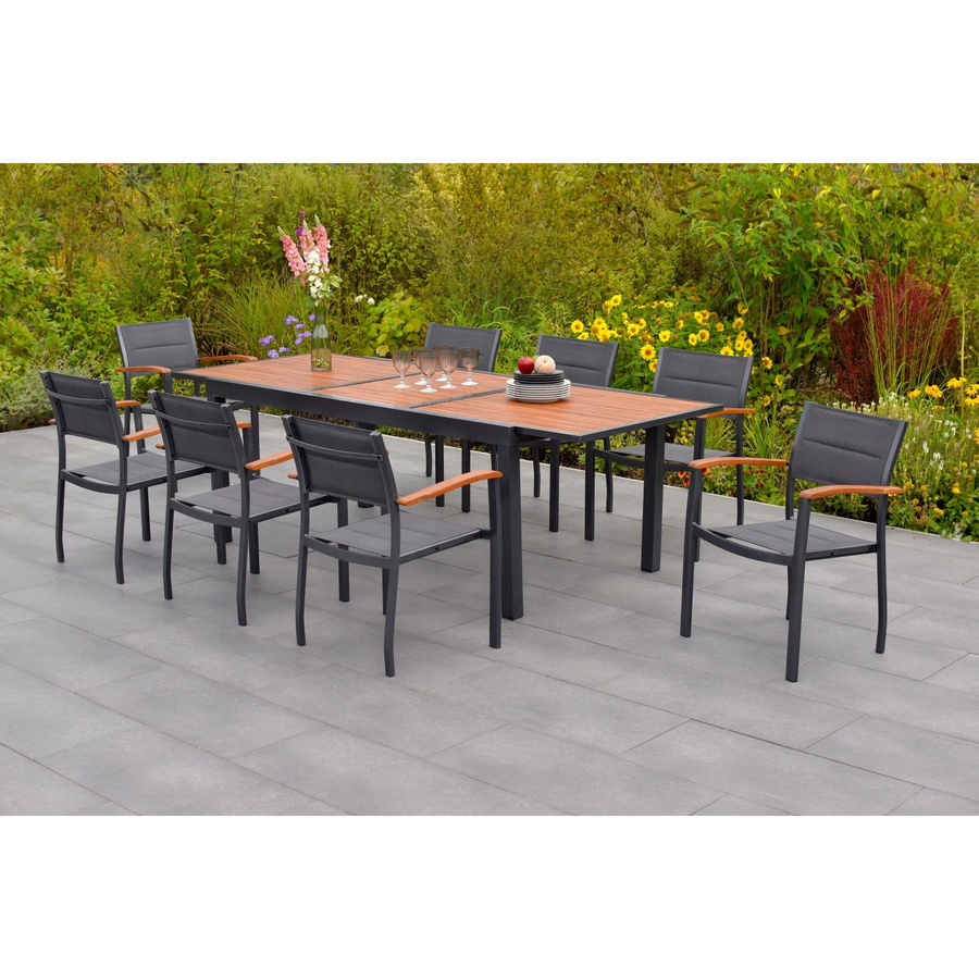 Merxx Paxos 9-tlg. Gartenmöbel Set mit ausziehbarem Tisch und 8 Stapelsesseln in Anthrazit und Grau aus Akazie und Aluminium - Bild 2