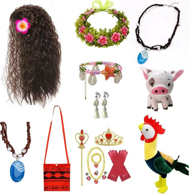 PKFC Moana Vaiana Cosplay-Zubehör-Set, Perücke, Halskette, Blumenklammer, Schwein, Hahn, Requisiten - Bild 1