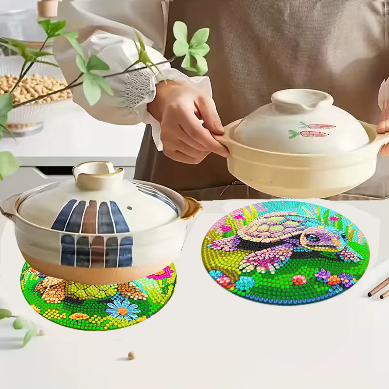 4-teiliges Set dekorative Holz-Tischsets mit Schildkrötenmuster in Weiß und Multicolour, runde DIY-Mosaik-Tischsets mit Diamantmalerei - Bild 3