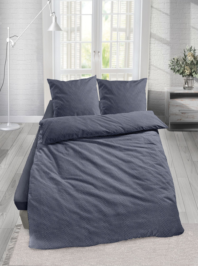 Dormisette Jacquard Flanell Bettwäsche Blau Zickzack mit Bettbezug und Kissenbezug, B/H: 135 x 200 cm und 80 x 80 cm - Bild 1