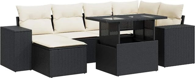 vidaXL 7-teilige Garten-Sofagarnitur in L-Form aus Poly-Rattan mit Kissen in Schwarz und Cremeweiß - Bild 1