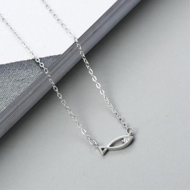 Halskette 925 Sterling Silber, Fisch Kristall Anhänger, Grau - Bild 1